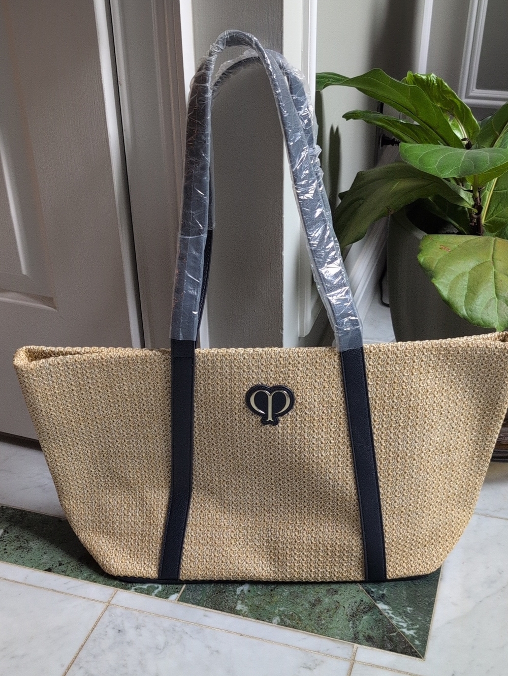 Cle De Peau Large Woven Tote With Navy Vegan Leather Straps. NWT